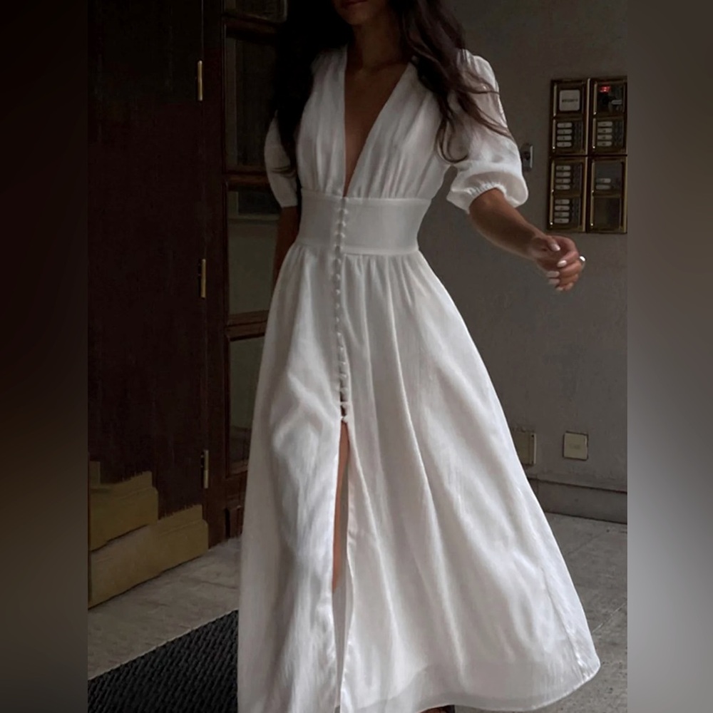 Commense White Maxi Dress with Buttons and Deep V